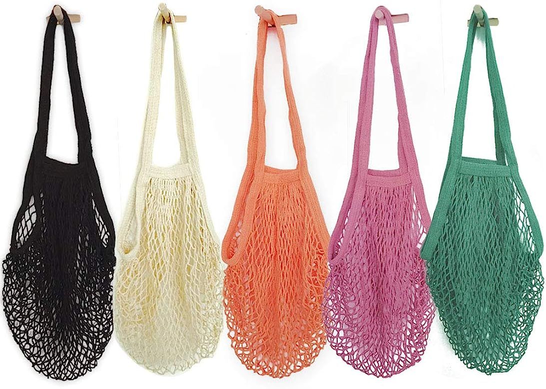 Pack of 5 Portable/Reusable/Washable Cotton Mesh String Organic Organizer Shopping Handbag Long H... | Amazon (US)