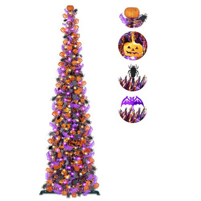 [Timer] 5 FT Halloween Tree with Pumpkin Bat Spider, 50 LEDs Pop up Black Halloween Tree with Lights, Tinsel Halloween Lighted Tree for Home Indoor Outdoor Decorations