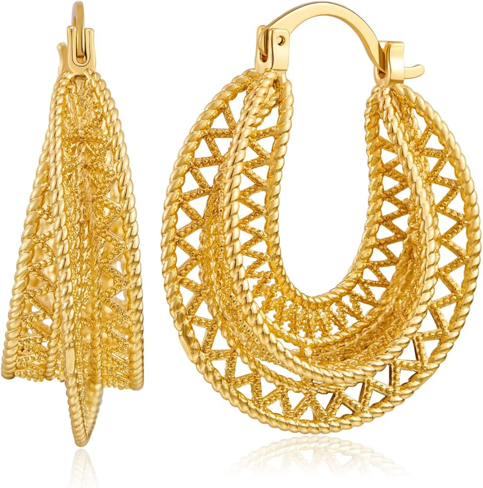 WOWORAMA Gold Filigree Hoop Earrings for Women 14K Gold Plated Thick Chunky Hoop Earrings Boho Vi... | Amazon (US)
