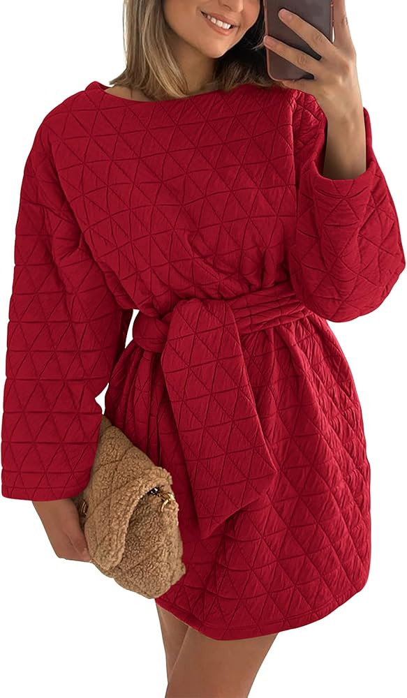 PRETTYGARDEN Women's Long Sleeve Dresses 2024 Fall Casual Short Belted Dress Trendy Quilted Outfi... | Amazon (US)