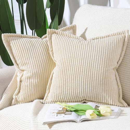 Madizz Beige Corduroy Throw Pillow Covers 20x20 inch with Fringe Edge Set of 2 Super Soft Boho Striped Pillow Covers Broadside Decorative Textured Throw Pillows for Sofa Bedroom Pillow Shell | Amazon (CA)
