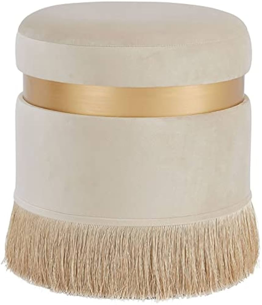 MAKLAINE Round Contemporary Velvet Storage Ottoman in Serene Cream/Gold | Amazon (US)