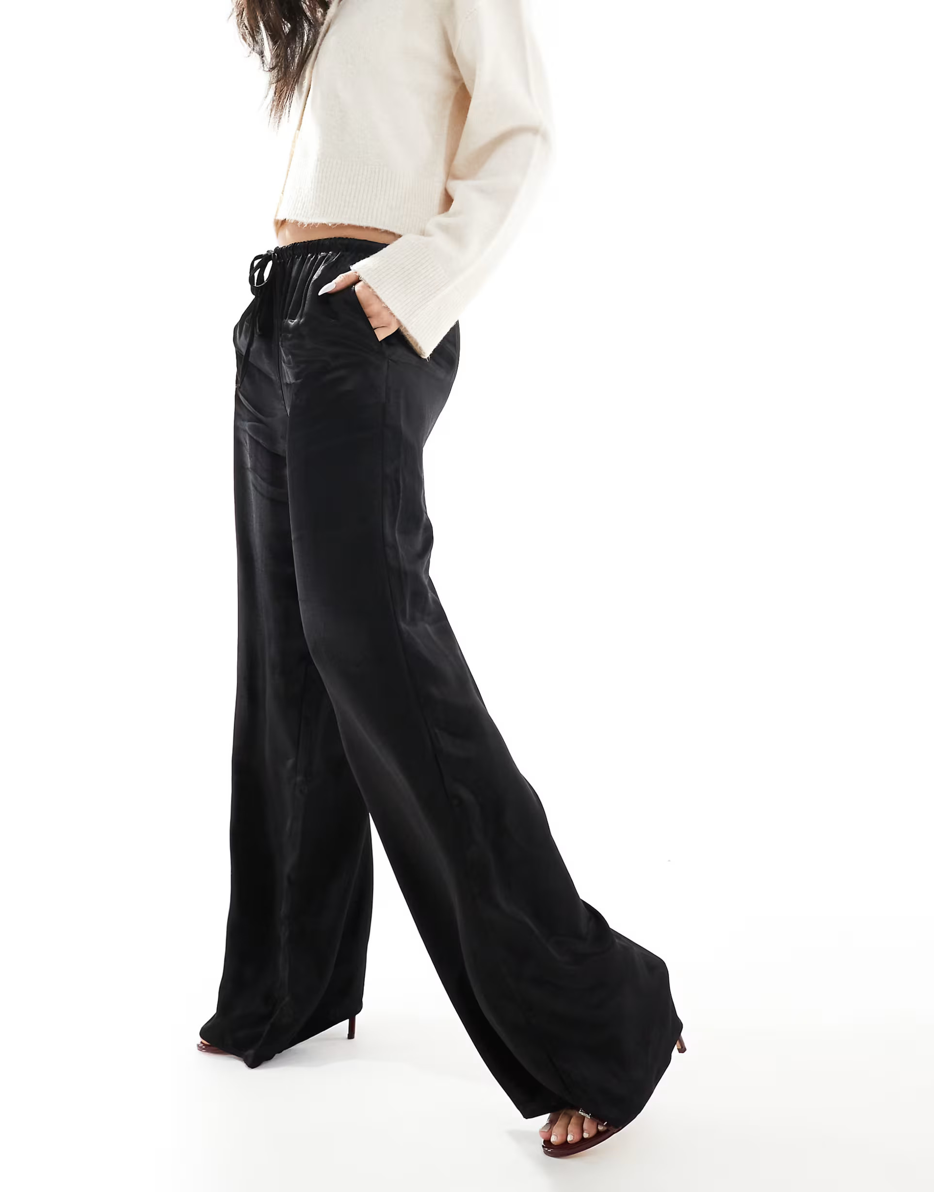 Miss Selfridge wide leg satin trouser in black | ASOS (Global)