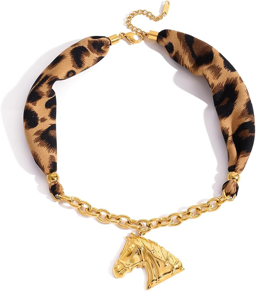 Vintage Leopard Print Silk Scarf Necklace with 18K PVD Gold Chain and Horse Pendant, Animal Patte... | Amazon (US)