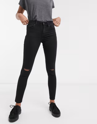 Bershka skinny push up jean in black with knee rip | ASOS US