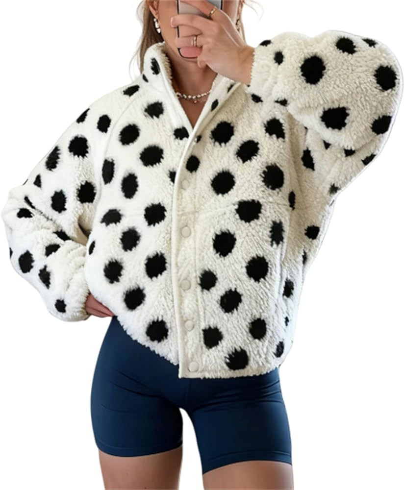 Thopavenoir Womens Fleece Fuzzy Jacket Polka Dot Long Sleeve Winter Fluffy Coats Button Down Sher... | Amazon (US)