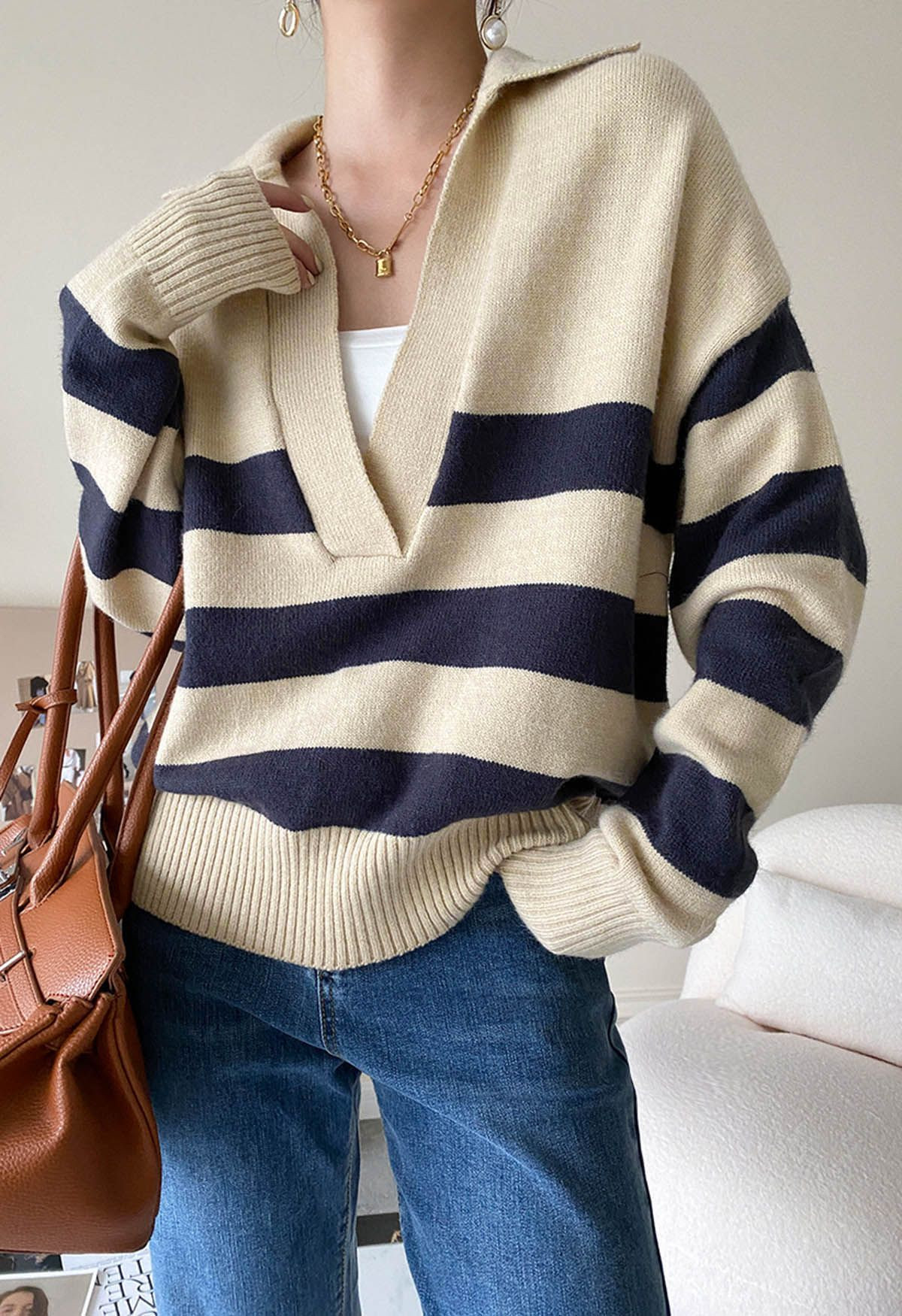 Casual Stripe V-Neck Knit Sweater | Chicwish