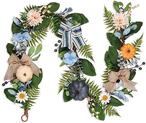 Amazon.com: Valery Madelyn 6 Feet Fall Garland with Blue Hydrangea, Pumpkin, Daisies Autumn Hangi... | Amazon (US)