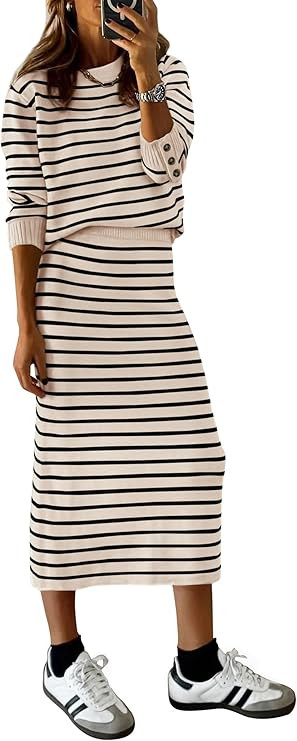 PRETTYGARDEN Women 2 Piece Striped Sweater Skirt Set | Cozy Knit Matching Outfit, Crew Neck Long ... | Amazon (US)