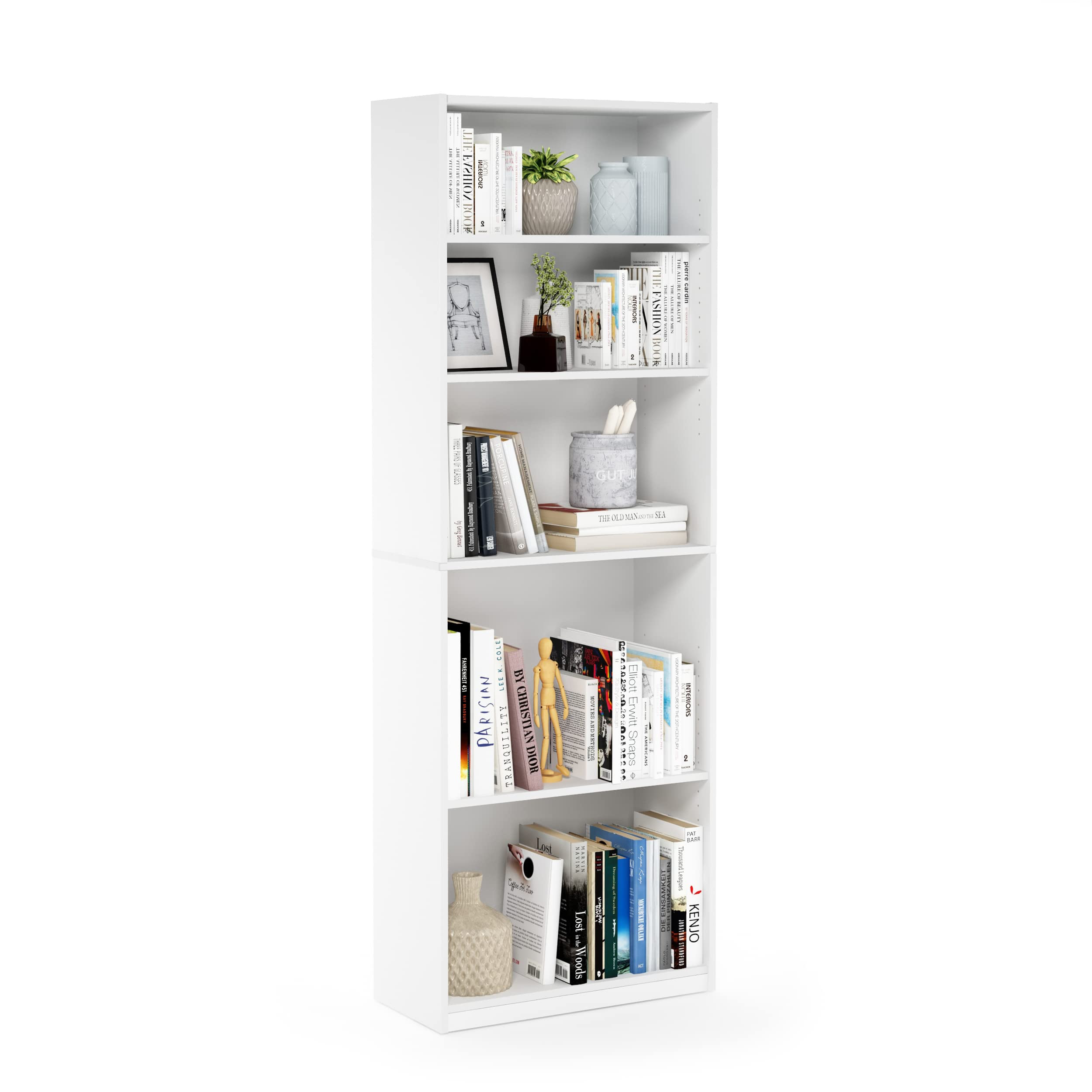 Furinno Jaya Book Shelf, 5-Tier Bookshelf, Bookcase with Adjustable Shelves, 9.5 x 24.5 x 71.2, f... | Amazon (US)