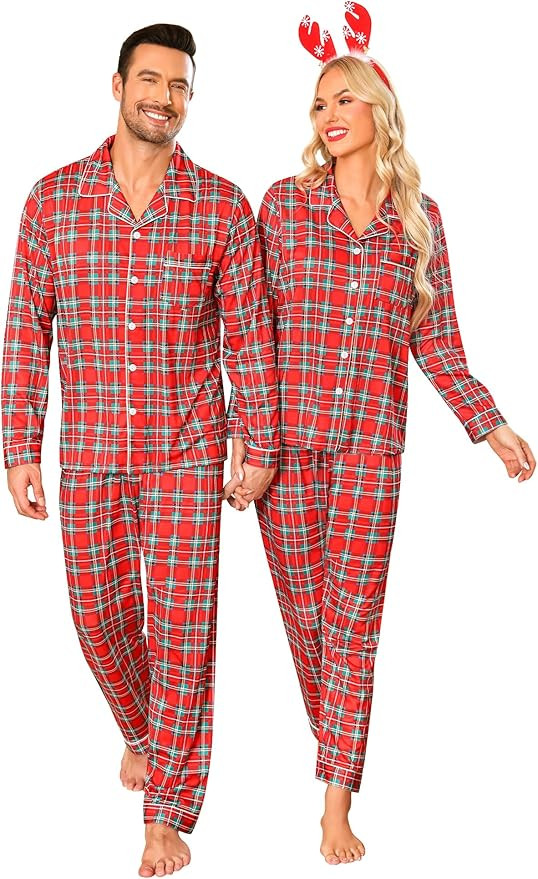 SWOMOG Matching Couple Christmas Pajamas Set Long Sleeve Festival Party Pj Set Button-Down Sleepw... | Amazon (US)