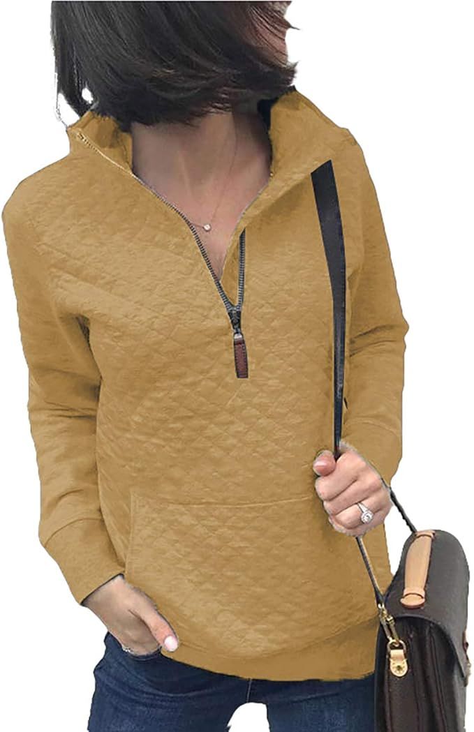 BTFBM Women Fashion Quilted Pattern Lightweight Zipper Long Sleeve Plain Casual Ladies Sweatshirt... | Amazon (US)