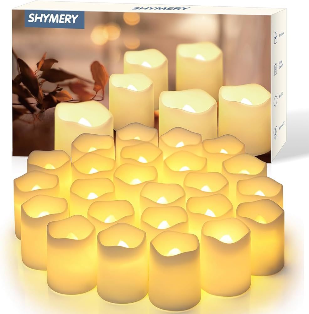 SHYMERY Flameless Votive Candles, Flickering Electric Fake Candle,24 Pack 200+Hour Battery Operated LED Tea Lights in Warm White for Wedding, Table, Festival, Halloween,Christmas Decorations | Amazon (US)