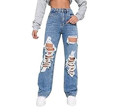 Women's High Waist Straight Leg Ripped Jeans Distressed Denim Pants | Amazon (US)