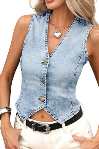 ELLEVEN Denim Vest Top for women Summer Cowgirl Sexy Country Concert Western Jean Vest Cropped V-Neck Slim Fit Outfits Light Blue XX-Large | Amazon (US)