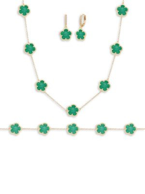 JanKuo Flower 14K Goldplated &amp; Green Agate Jewelry Set on SALE | Saks OFF 5TH | Saks Fifth Avenue OFF 5TH