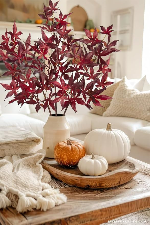 3Pcs Artificial Maple Leaves Branches 30'' Autumn Fake Fall Leaves Stems Plants Faux Maple Leaf B... | Amazon (US)