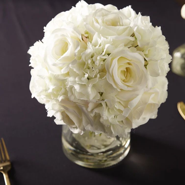 Hydrangea and Rose Floral Arrangement in Glass Vase | Wayfair Professional