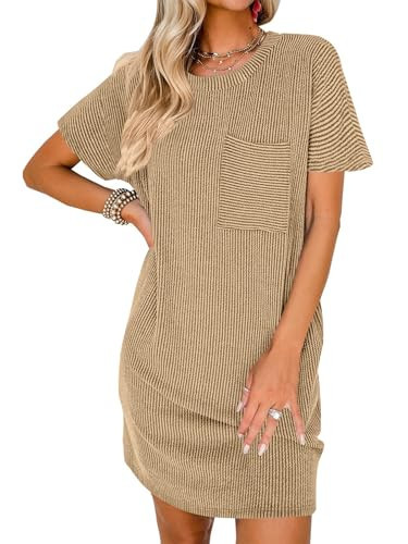 Melliflo Womens Summer Casual Dress with Sleeve Crewneck Ribbed Mini Tshirt Dresses Sundress with Patchwork Pocket Light Khaki | Amazon (US)