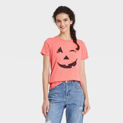 Women's Halloween Pumpkin Face Short Sleeve Graphic T-Shirt - Orange | Target