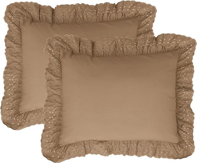 Fresh Ideas Ruffled Bed Pillow Shams with Embroidered Eyelet Detail, Standard, Mocha, 2-Pack | Amazon (US)
