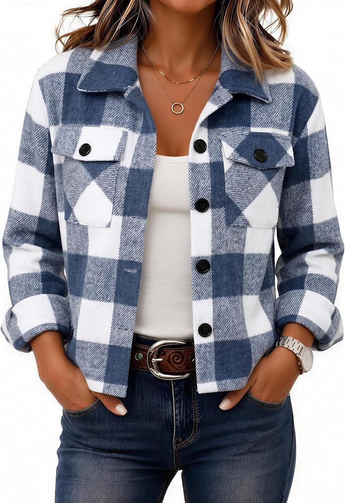 Zeagoo Flannels for Women Cropped Shacket Jacket Fashion Plaid Fall Coat | Amazon (US)