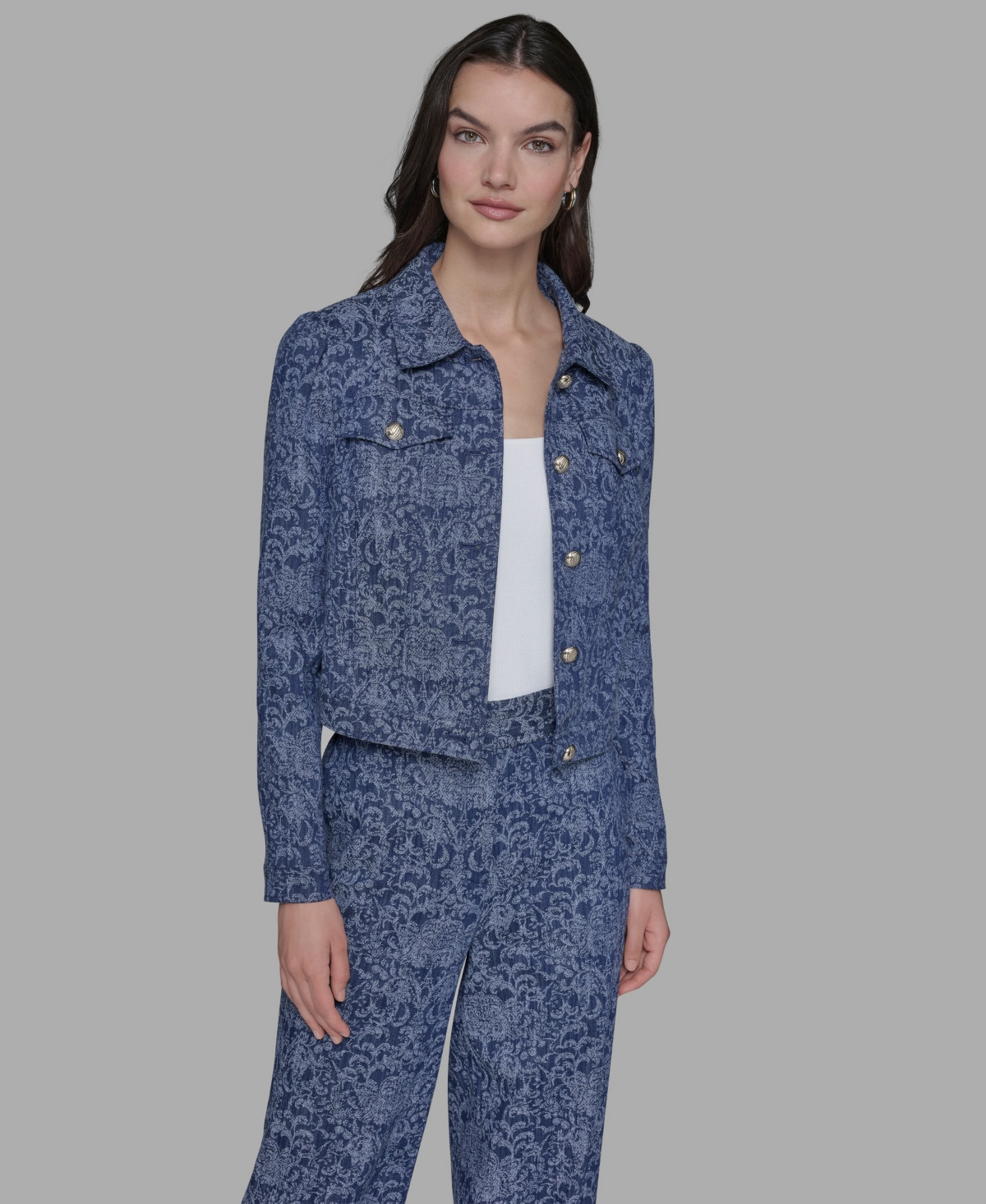 Karl Lagerfeld Paris Women's Printed Denim Button-Front Jacket - Medium Blue | Macy's
