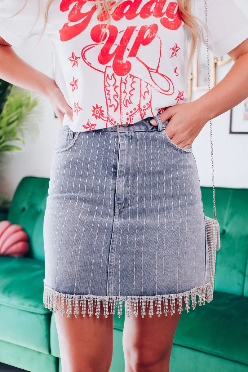 Raining Rhinestones Fringe Denim Mini Skirt - Light | Whiskey Darling Boutique