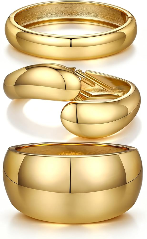Chunky Gold Bangle Bracelets for Women Trendy 14K Gold Plated Cuff Bracelets Stack, Dainty Gold B... | Amazon (US)