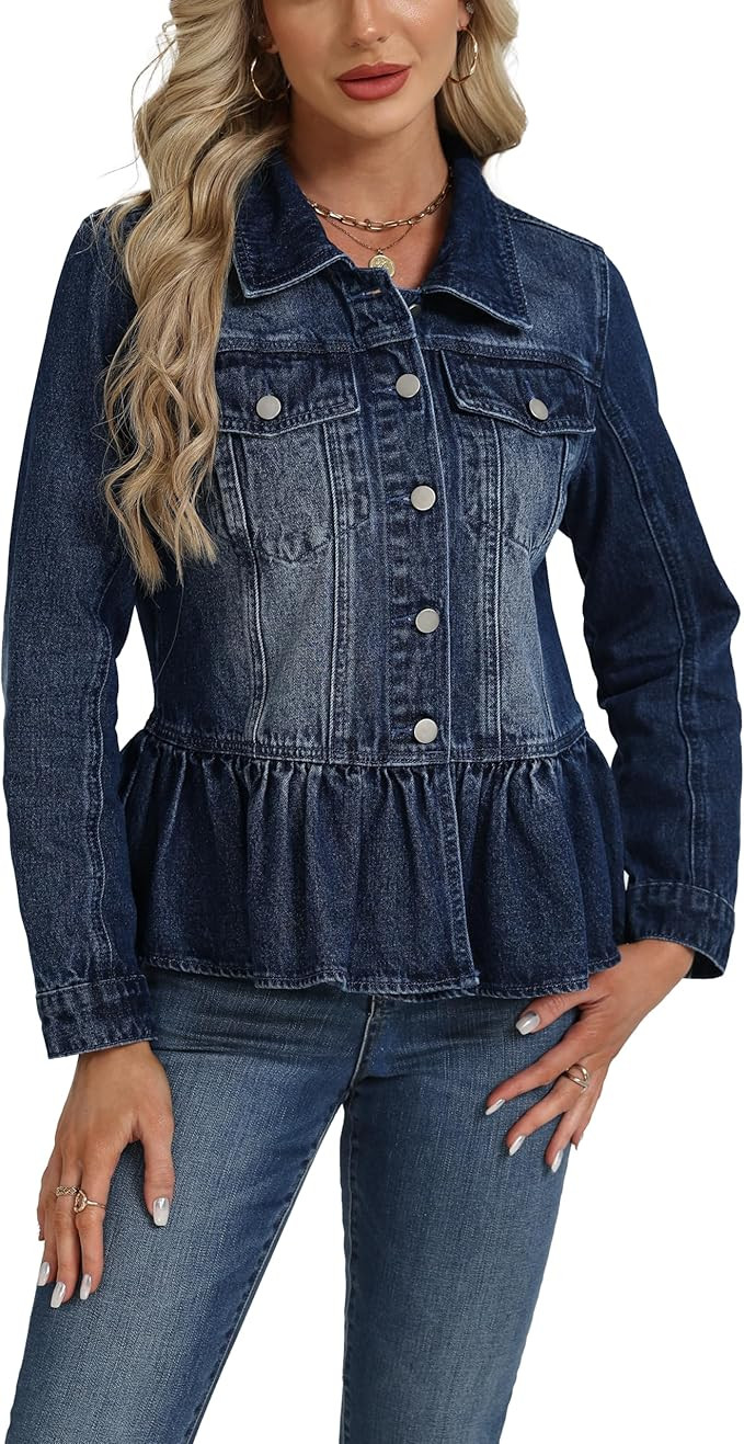 Ladyful Ruffle Hem Denim Jacket for Women Trendy Long Sleeve Button Up Jean Coat Outerwear | Amazon (US)