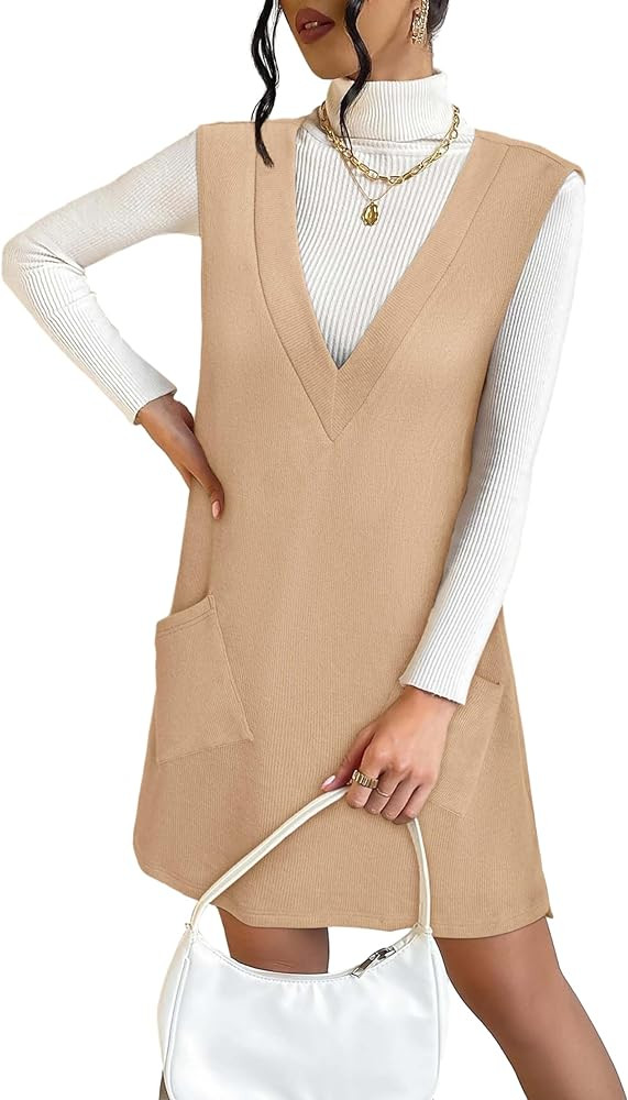 VETIOR Women's Sweater Vest Dresses Overall V Neck Sleeveless Cute Pinafore Dress with Pockets 20... | Amazon (US)