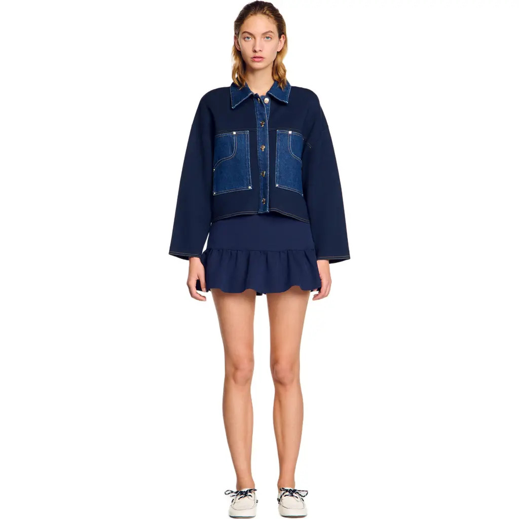 SANDRO Denim detail cardigan in Navy Blue at Nordstrom, Size Small | Nordstrom