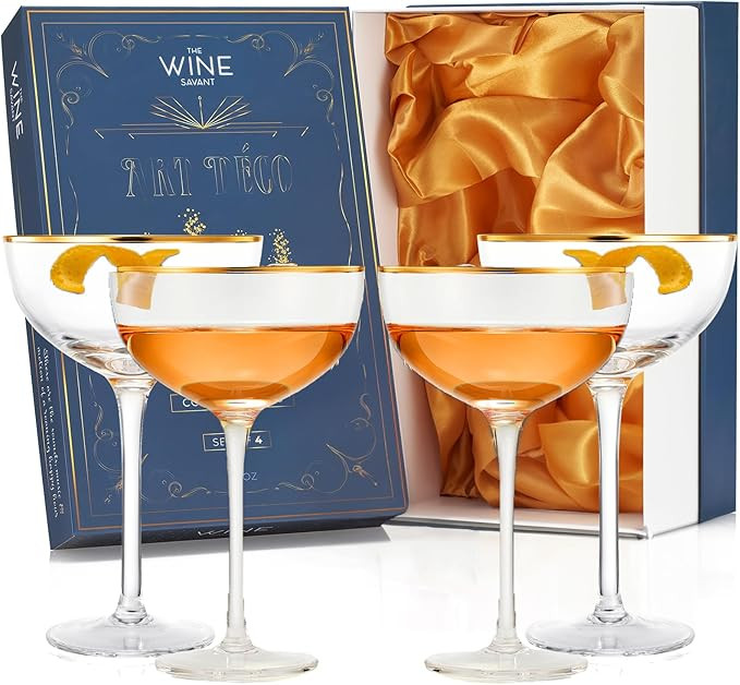 Vintage Crystal Champagne Coupe Gold Rim Glasses | Set of 4 | 7 oz, Gilded Rim Classic Cocktail G... | Amazon (US)