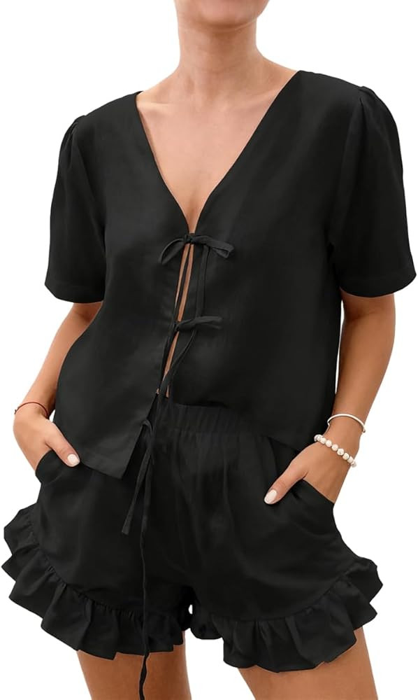 Sotimoon Womens Ruffle Short Sets 2 Piece Outfits Fashion Summer Tie Front Top and Shorts Cotton ... | Amazon (US)