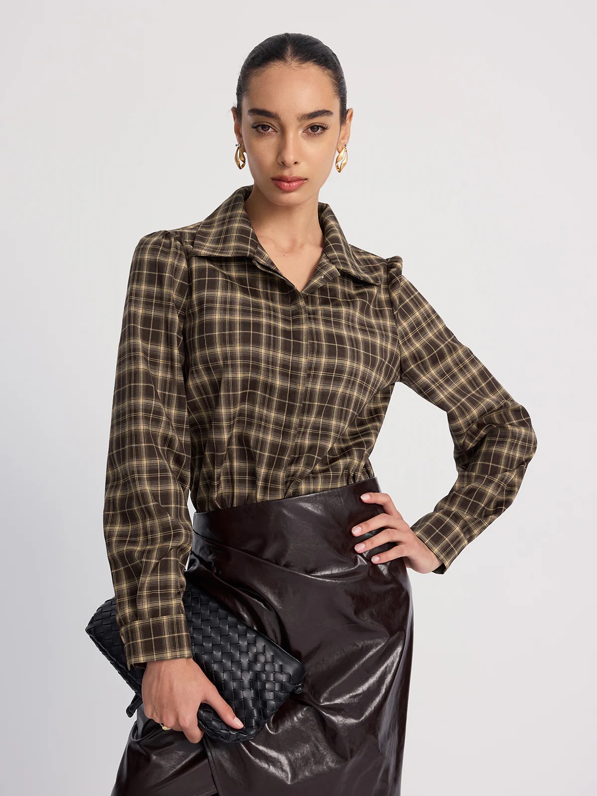 Collared Puff-Sleeve Plaid Bodysuit | Commense