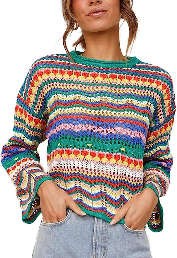 Women Crochet Knit Crop Tops Long Sleeve Color Block Pullover Loose Patchwork Y2K Tops 90S Street... | Amazon (US)