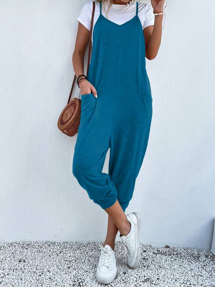SHEIN LUNE Solid Dual Pocket Cami Jumpsuit Without Tee | SHEIN