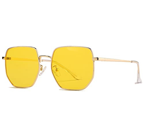 HJSTES Large Hexagonal Polarized Sunglasses Womens Men Trendy Square Mirrored Lens UV Protection(Gold/Yellow) | Amazon (US)