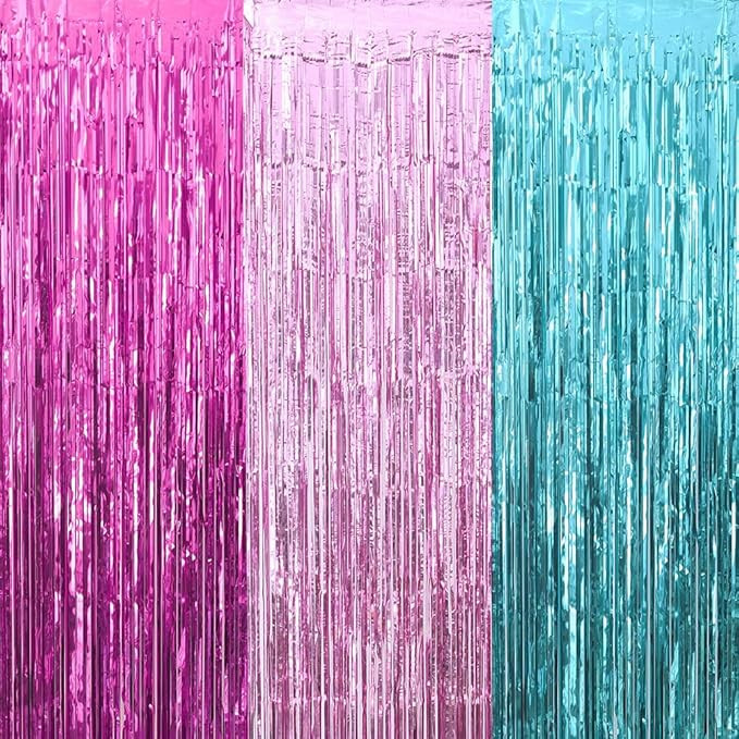 Surprise Party Decorations Fuchsia Pink Aquamarine Fringe Curtains Party Decorations Foil Curtain... | Amazon (US)