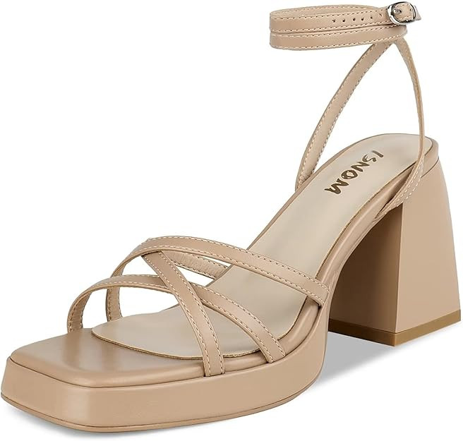 ISNOM Platform Heels for Women Comfortable Strappy Heels Short Block Chunky Sandals Ankle Strap S... | Amazon (US)