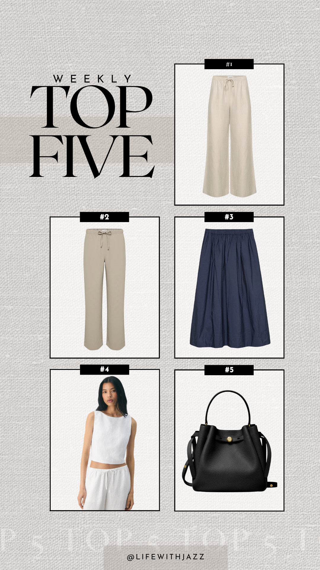 this week's top 5: 

1. aritzia linen lodge pants -- wrinkles the least amount compared to other brands i've tried! 
2. aritzia crepette lodge pants -- wrinkle-free pull-on pants, so versatile (great for travel)
3. aritzia luminary poplin skirt 
4. aritzia cavalier top -- so soft, not see-through 
5. tory burch bucket tote -- buttery soft leather, can be worn as a purse or a crossbody 

 #LTKSeasonal
