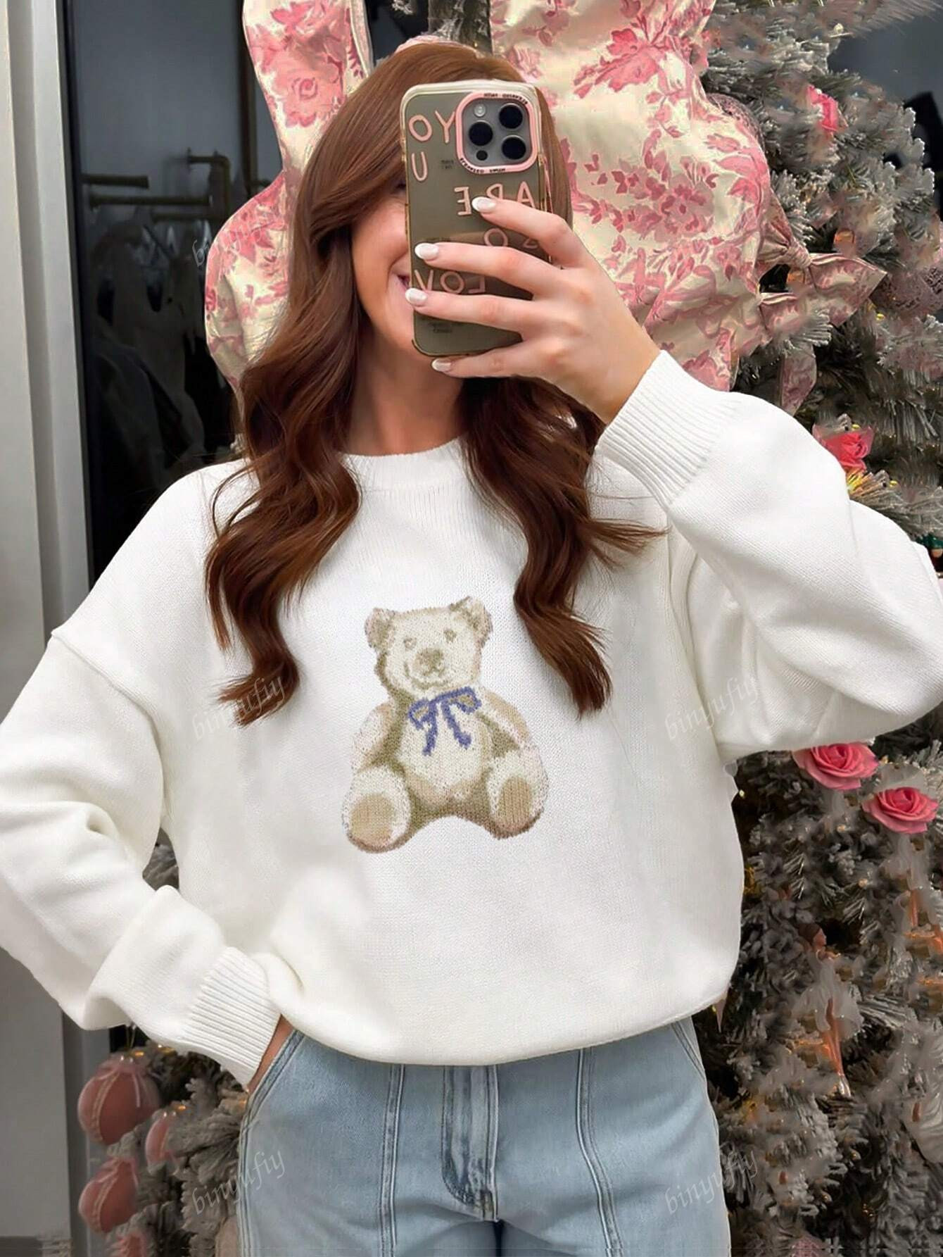 Women's Casual Cute Cartoon Bear Round Neck Long Sleeve Knitted Pullover Sweater For Spring, Autumn, Winter | SHEIN