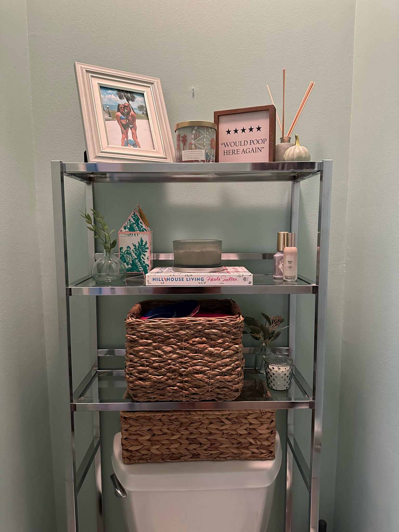 The perfect baskets and over the toilet shelf .