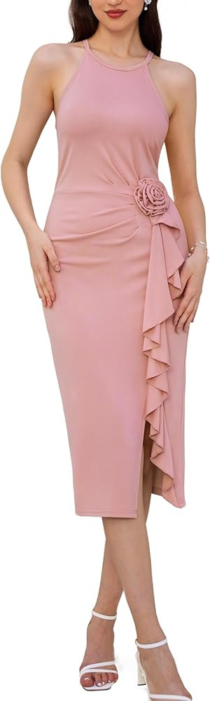 GRACE KARIN 2024 Women's Sexy Halter Bodycon Dress Sleeveless Split Wedding Guest Bridesmaid Midi... | Amazon (US)