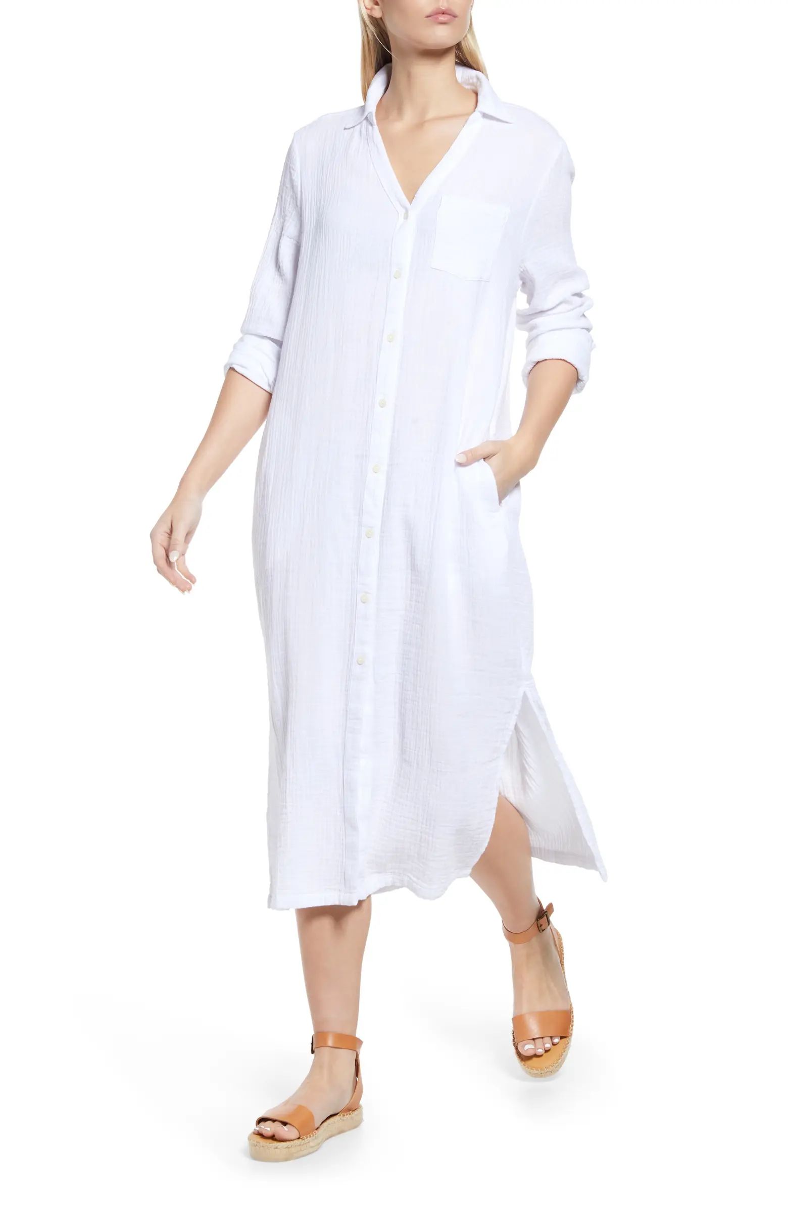 Caslon® Cotton Gauze Long Sleeve Midi Shirtdress | Nordstrom | Nordstrom