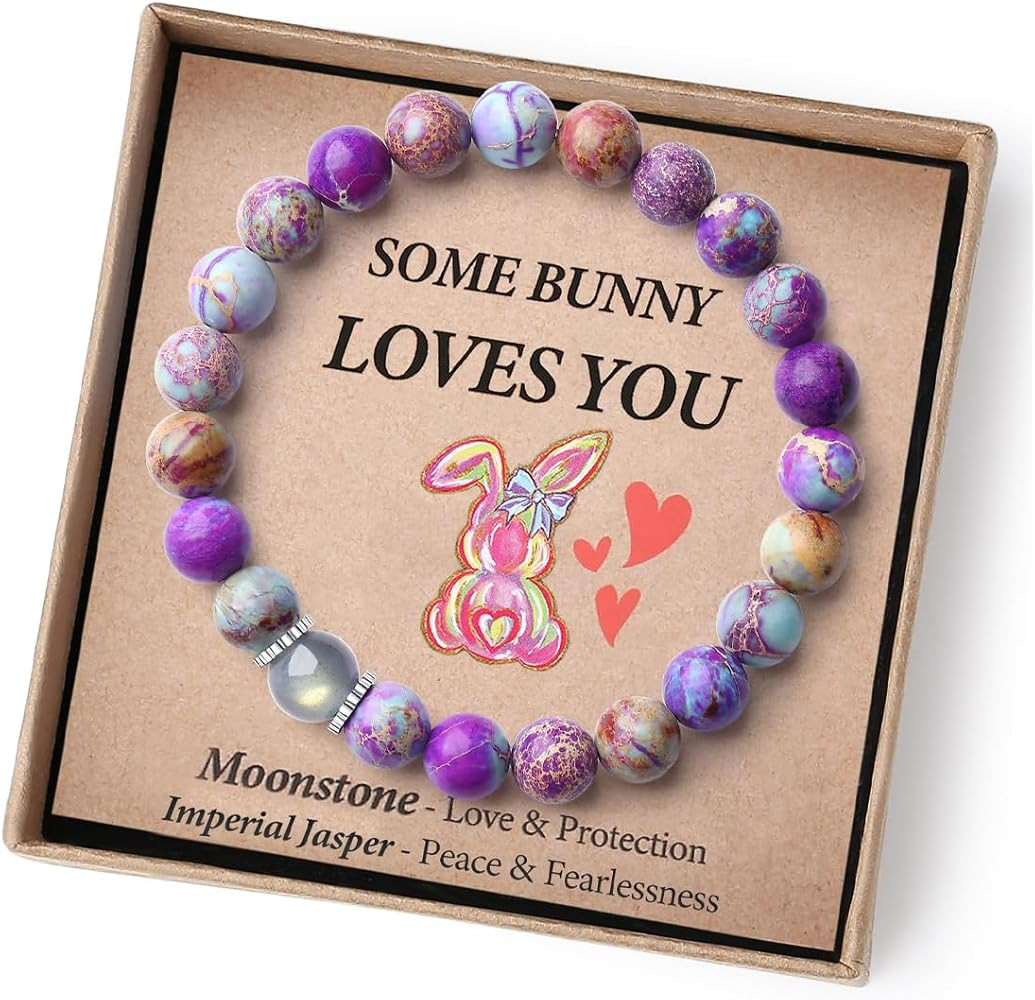 Easter Basket Stuffers - Handmade Crystal Bracelet with Cute Bunny Card/Gift Box-Elastic Design f... | Amazon (US)