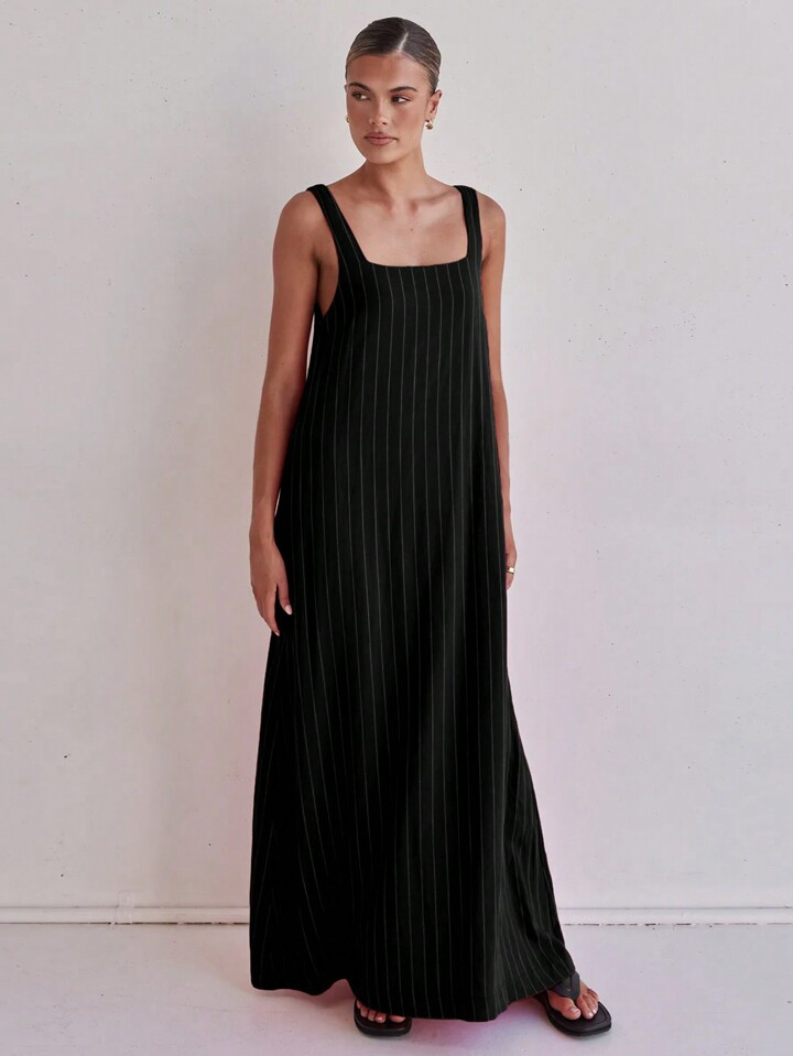 Vestido Longo Listrado Feminino Com Gola Quadrada E Suspensório | SHEIN