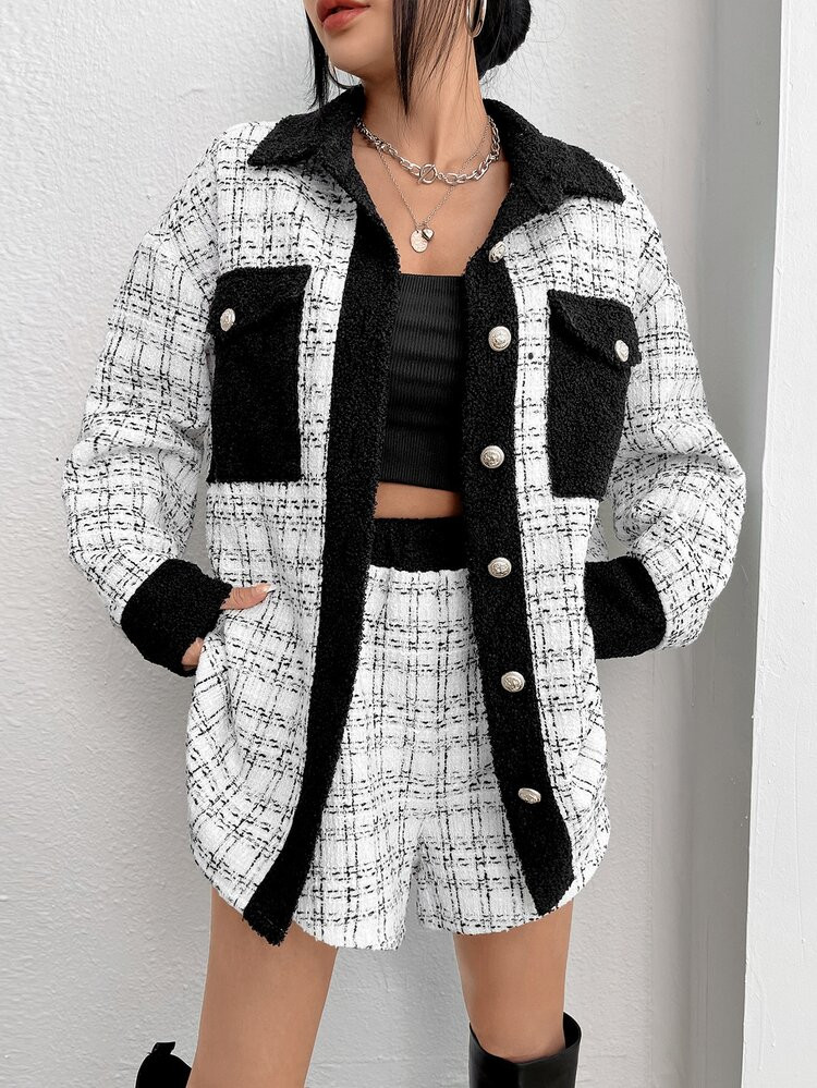 Plaid Drop Shoulder Flap Pocket Overcoat & Shorts | SHEIN
