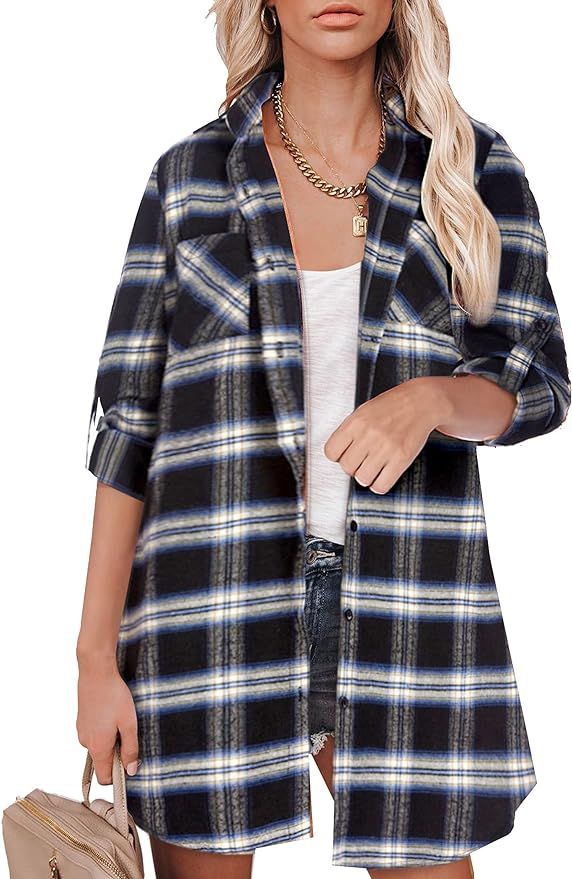 Hotouch Womens Flannel Plaid Shirts Dress Roll Up Long Sleeve Pockets Casual Button Down Long Shi... | Amazon (US)