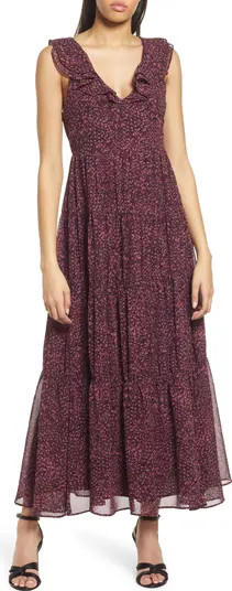 Ruffle Neck Abstract Animal Print Tiered Chiffon Midi Dress | Nordstrom
